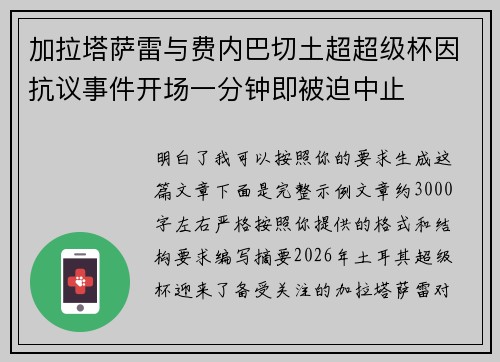 加拉塔萨雷与费内巴切土超超级杯因抗议事件开场一分钟即被迫中止
