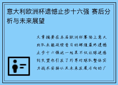 意大利欧洲杯遗憾止步十六强 赛后分析与未来展望